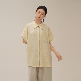 以之设计师品牌原创复古禅意翻领宽松大版百搭短袖亚麻衬衫上衣