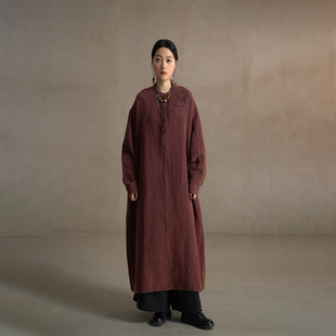 【以之】设计师立领简约复古大版宽松纯亚麻长款袍子简约连衣裙女