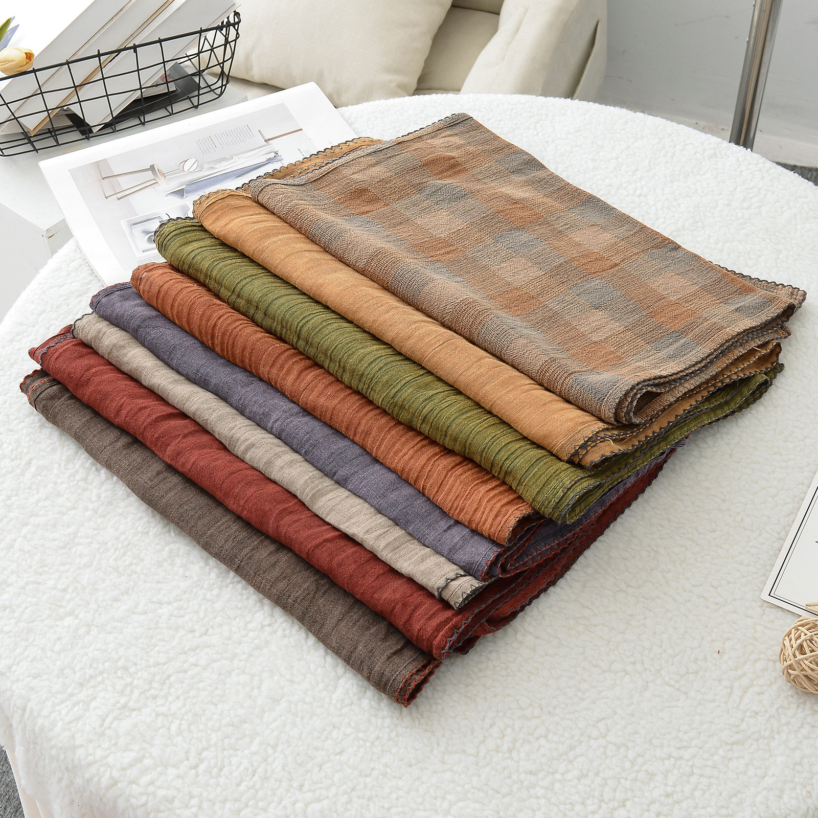 以之手工士林染特种花色织亚麻透气防晒披肩外搭夏季空调房围巾