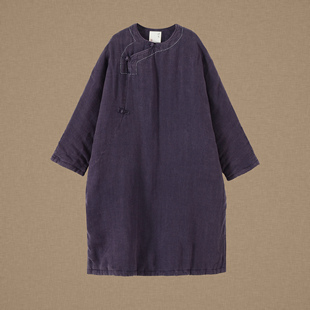 【以之】设计师品牌原创前襟明线圆领斜襟夹棉厚款亚麻大码棉袍子