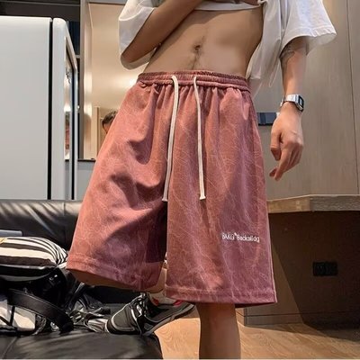 粉色薄款短裤男生夏季美式扎染潮牌灯芯绒宽松运动休闲五分裤子男