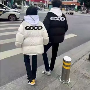 潮牌字母GOOD烫钻印花立领棉服男女款冬季慵懒风羽绒服情侣外套潮