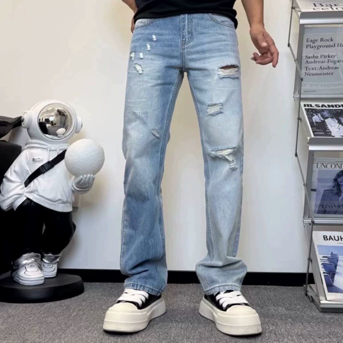 美式潮牌高街拼色直筒裤男春夏季复古破洞复古窄版高街男士牛仔裤