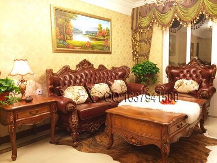 欧式美式古典实木豪宅别墅家具FF1沙发真皮双面雕刻长茶几