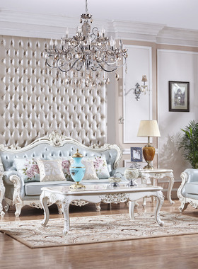 珍珠白欧式美式古典别墅实木家具86-33沙发8002长茶几1