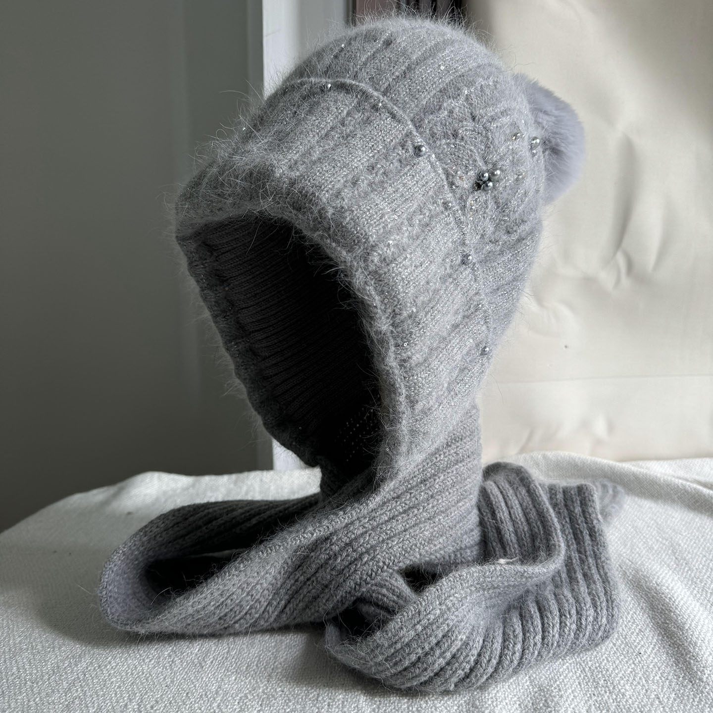 冬季兔毛帽子围巾二件套保暖护耳户外防风毛线帽北方骑车滑雪帽潮