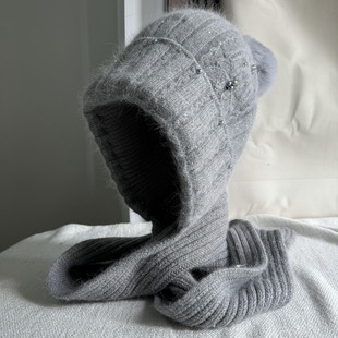 冬季兔毛帽子围巾二件套保暖护耳户外防风毛线帽北方骑车滑雪帽潮