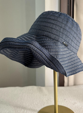 春夏大沿防晒条纹帽子女蓝色复古大檐遮阳帽可折叠渔夫帽造型帽潮