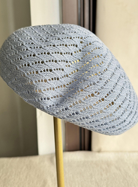 出日本单大头围巾蓝色亚麻透气镂空贝雷帽子女春夏遮阳时尚画家帽