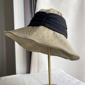 夏季 百搭太阳帽子遮阳防晒帽 亚麻轻薄透气大檐渔夫帽子女复古时尚