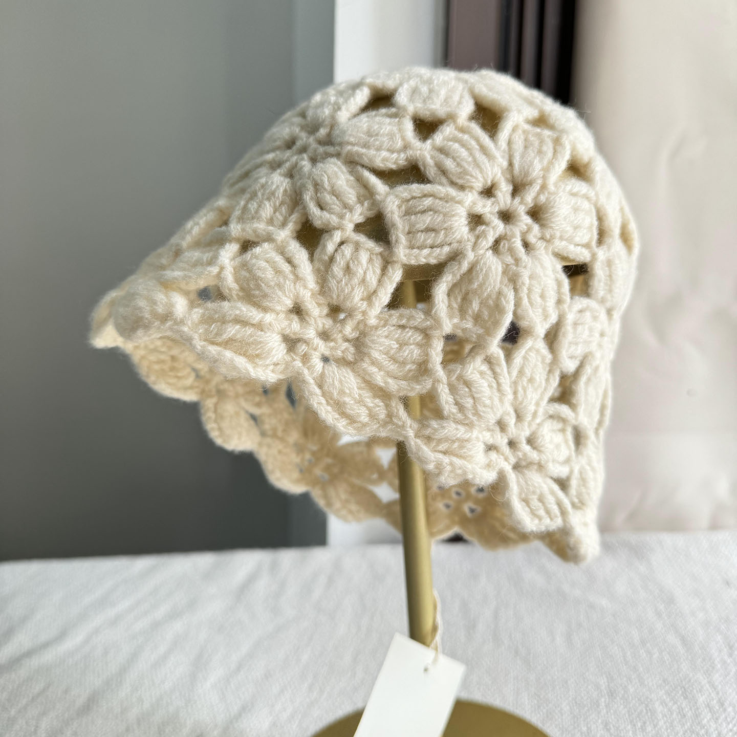 秋冬手艺镂空纯羊毛堆堆帽子女灰色针织包头帽时尚复古保暖套头帽