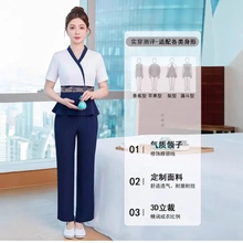 夏天足疗工作服女高端美容院气质套装藏青色养生会所足浴技师裤装