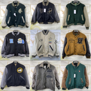 古着vintag日系摇滚街头朋克hiphop宽松秋冬加厚牛皮袖棒球服B81