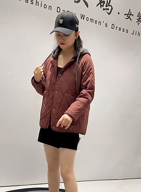 天娇一生水2025冬季新款拼色连帽棉衣大码女装显瘦薄棉服25972