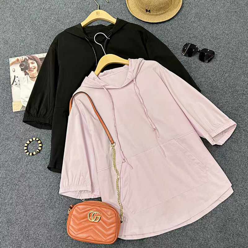 天娇一生水夏季半袖帽衫女新款休闲大码女装纯色连帽上衣T恤6075 - 实物图