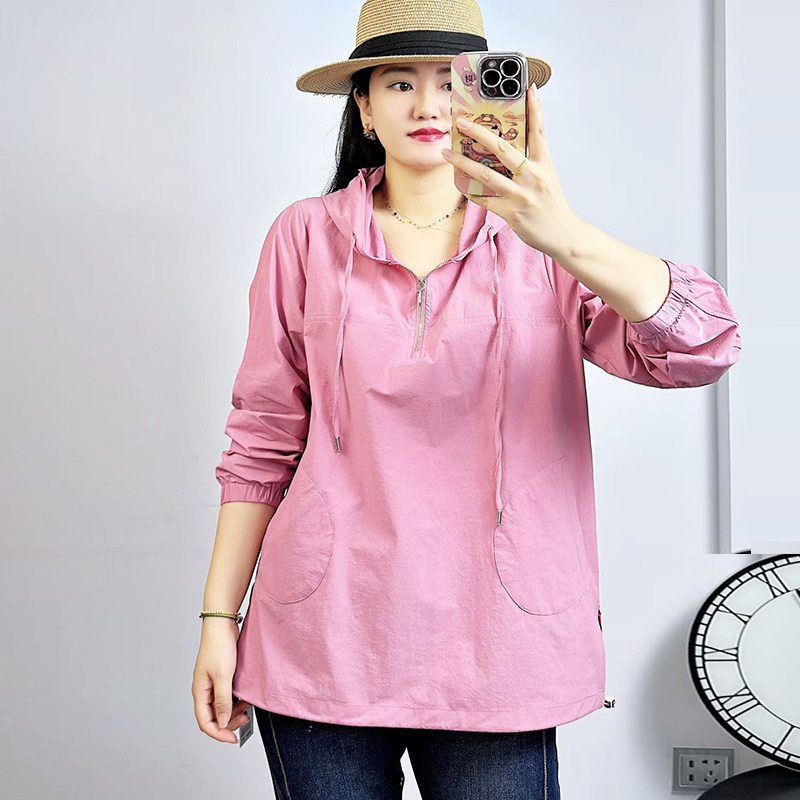 米莱奇春季新款连帽衬衫女外套宽松大码女装休闲纯色长袖衬衣5805