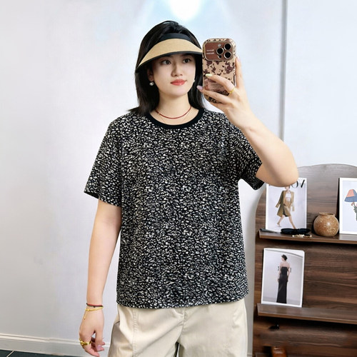 米莱奇夏季短袖碎花T恤衫女休闲大码女装宽松百搭遮肚子上衣66008