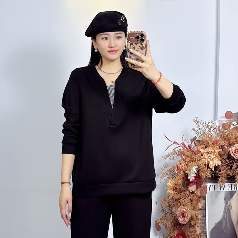 米莱奇2026新款长袖卫衣女宽松大码女装秋季V领百搭显瘦上衣6876