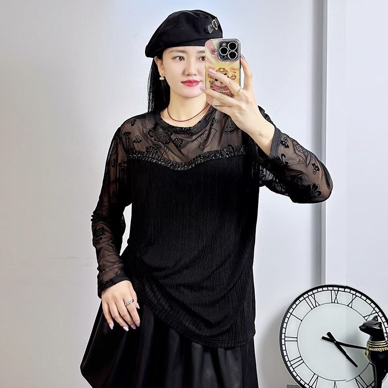 米莱奇2026春季新款打底衫休闲大码女装蕾丝拼接T恤百搭上衣6109