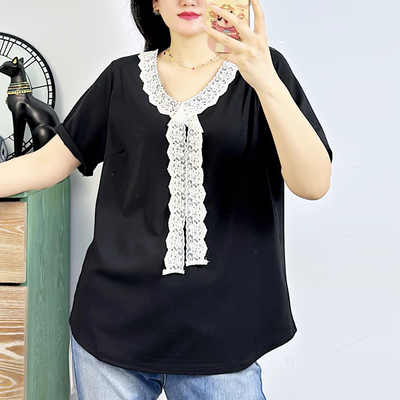 大码女装夏季蕾丝蝴蝶结上衣