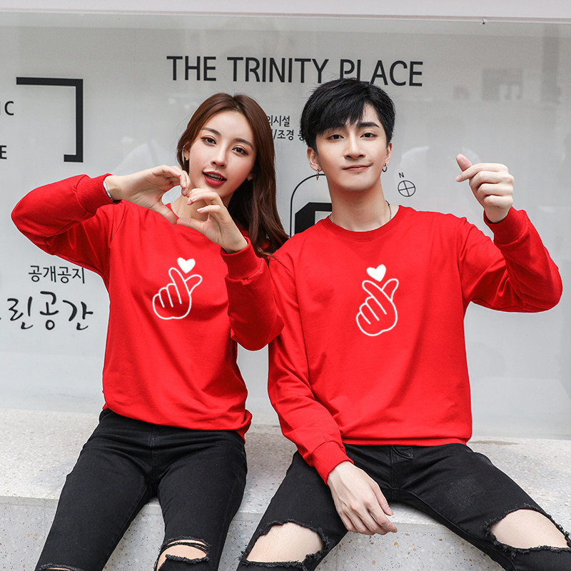 网红比心纯棉卫衣薄款情侣装韩版宽松圆领长袖t恤上衣初秋季大码