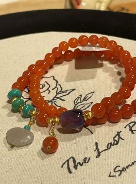 南红玛瑙圆珠6mm舒俱来皇家紫桶珠双圈项链/s925（君悦）AZB11398