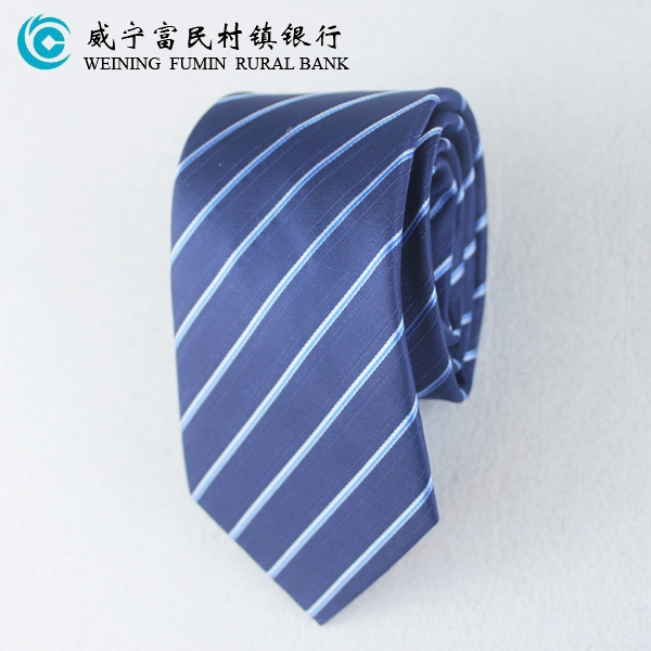 贵州省威宁富民村村镇银行男士蓝色条纹手打拉链领带易拉得无标记