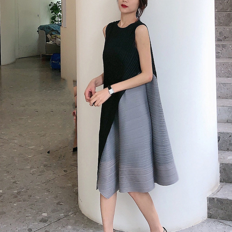不规则褶皱连衣裙无袖女装夏季新款宽松显瘦a字中长裙子洋装新潮
