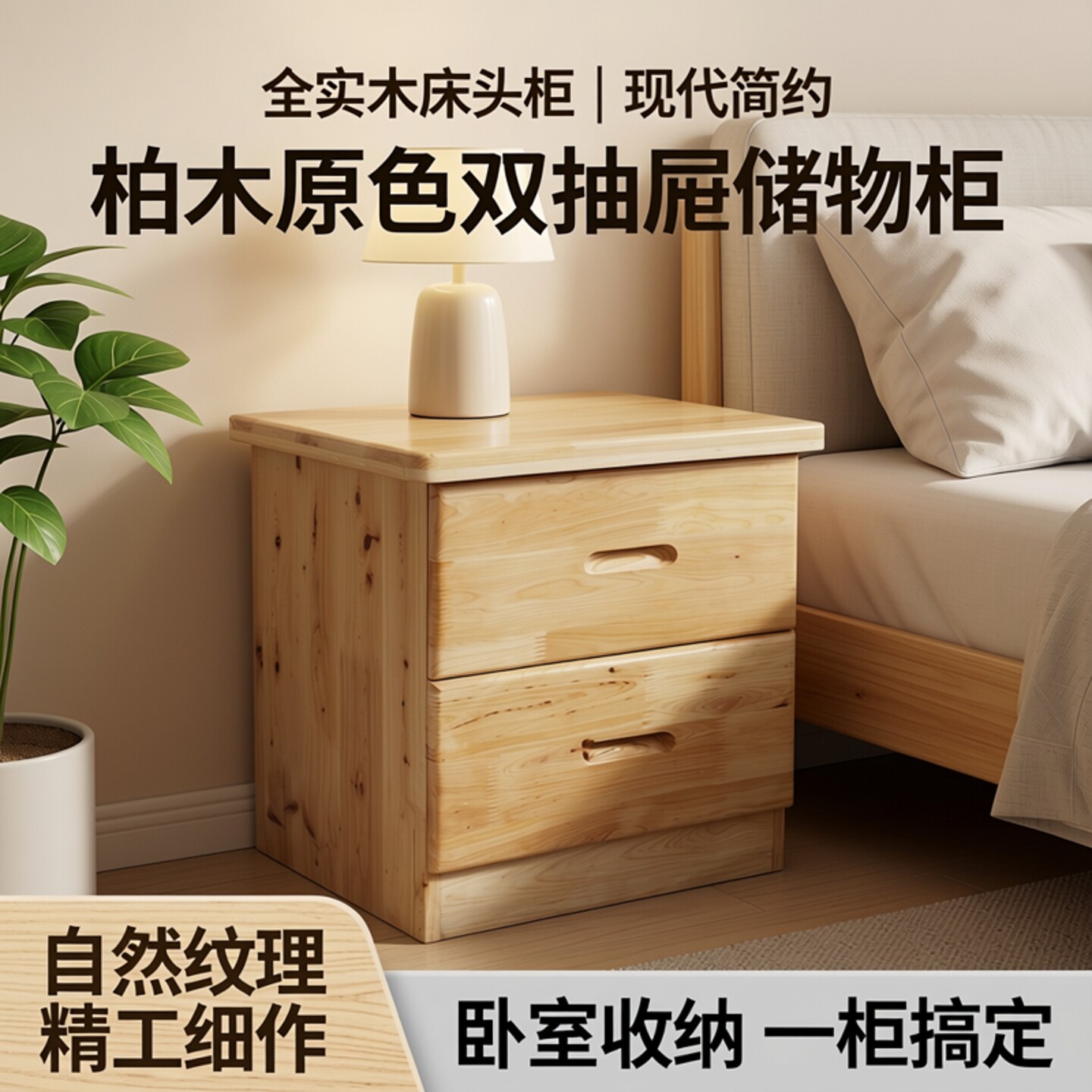 全实木床头柜家用柏木床边柜小型储物柜整装卧室原木双抽屉柜