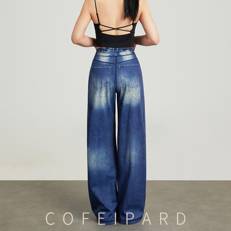 复古高腰垂感直筒牛仔裤女秋季深蓝水洗阔腿裤拖地长裤仿牛仔裤子