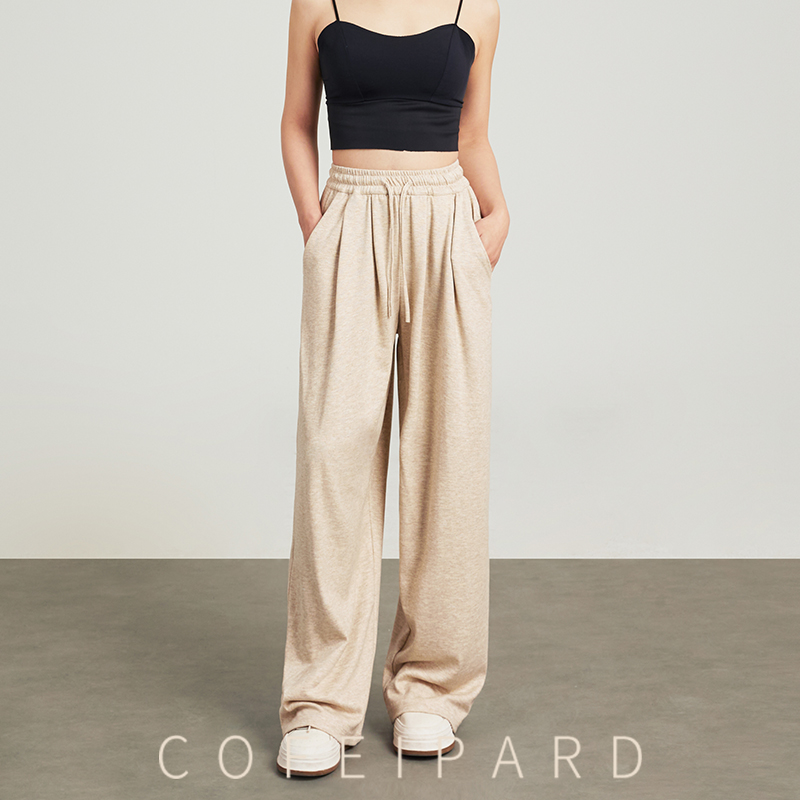 高腰直筒休闲裤女秋薄款垂感阔腿裤绑带松紧针织运动卫裤拖地长裤