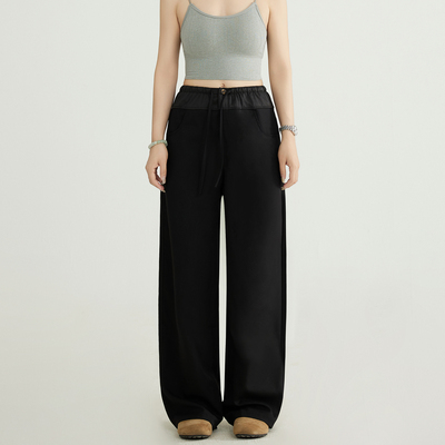 高腰阔腿工装裤女秋季2025新款小个子黑色直筒拼接抽绳休闲裤长裤