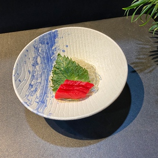 复古水墨蓝斜口碗刺身碗主食意面斜口碗蔬菜沙拉碗家用陶瓷碗