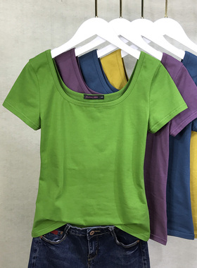 白色U领t恤女短袖大领口上衣夏装修身紧身漏背低领半袖体恤打底衫