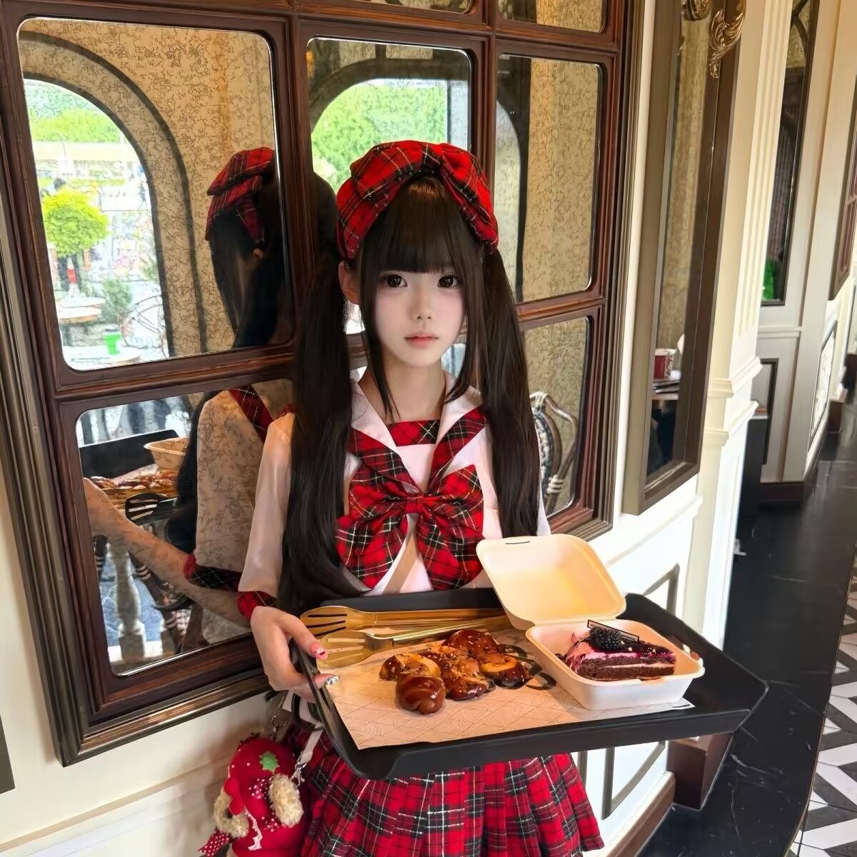 日系JK水手服红格蝴蝶结百褶裙