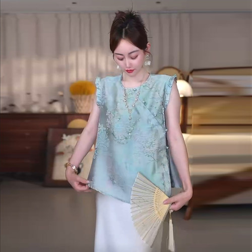 新中式国风香云纱无袖衬衫女装2026夏季宽松显瘦气质百搭圆领上衣