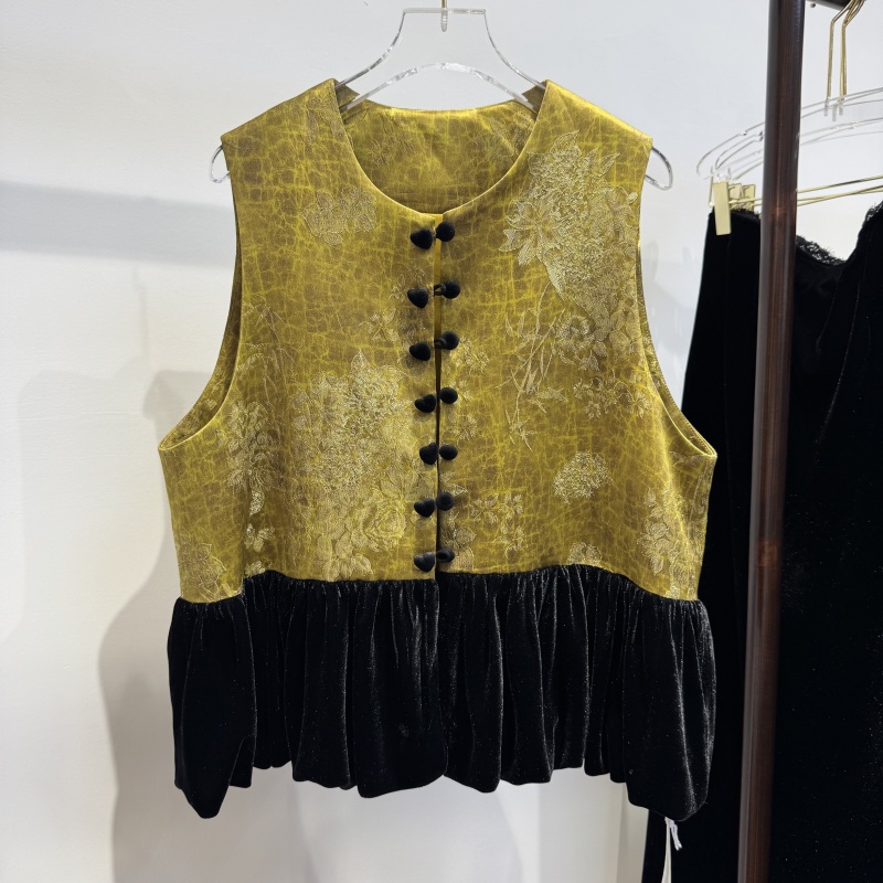 老钱风马夹背心女装2025春秋季新中式国风丝绒拼接马甲双排扣上衣