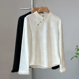 新中式轻国风加绒内搭女衬衫秋冬弹力打底衫袖口毛毛立领斜襟上衣