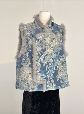 蓝色减龄洋气新中式国风毛毛马甲女秋冬夹棉外穿加厚坎肩保暖上衣