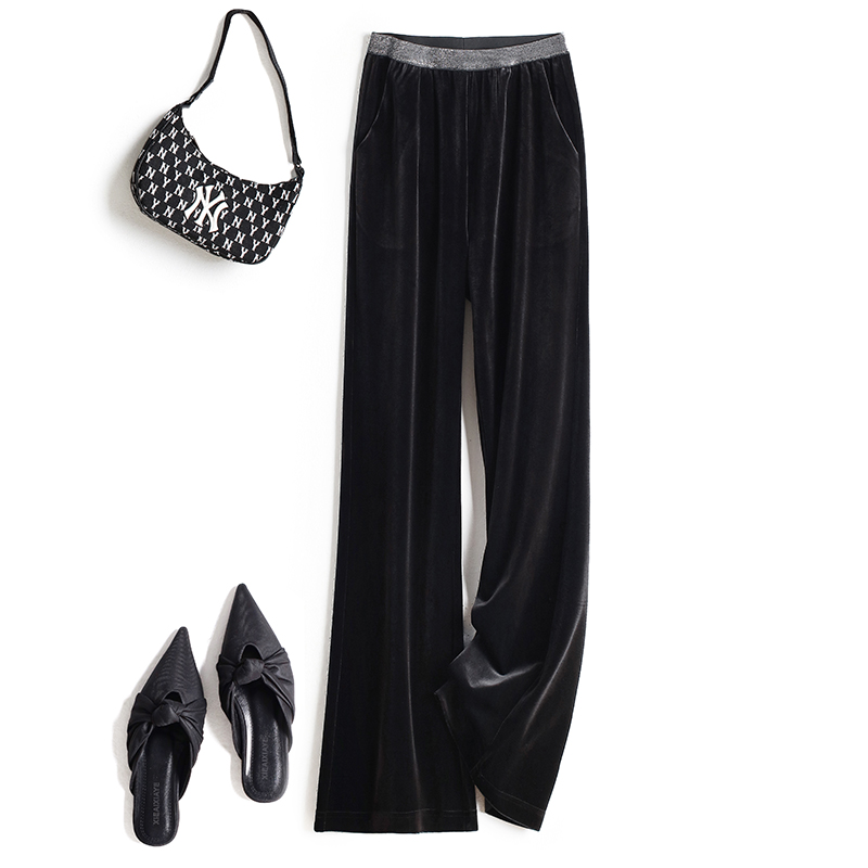 新中式国风黑色丝绒窄版阔腿裤女春秋季高腰垂感直筒丝绒微喇叭子