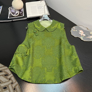 2025秋季新中式国风人丝提花娃娃领马甲女高级感轻奢宽松显瘦上衣