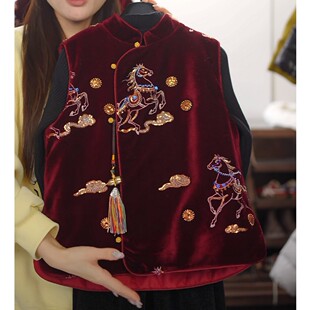 秋冬新中式国风刺绣亮片红色丝绒加厚棉马甲女高级感百搭马夹上衣