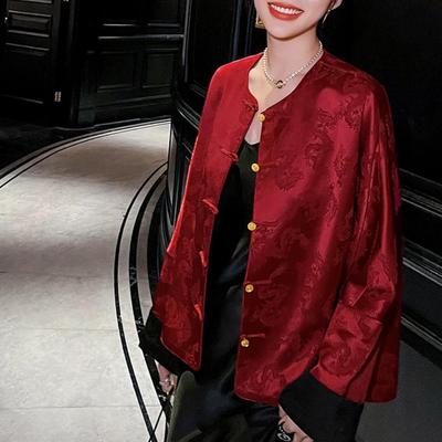 2025春秋新款新中式缎面提花龙纹外套女复古宽松国风改良衬衫上衣