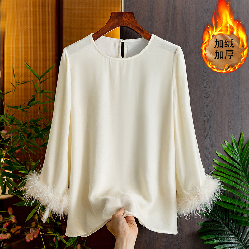 新中式国风轻奢丝绒衬衫女2025秋冬鸵鸟毛加绒加厚打底衫长袖上衣