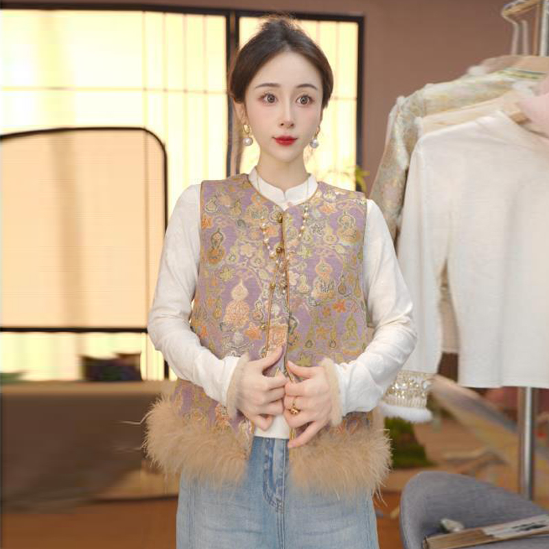 新中式国风鸵鸟毛加棉马甲女2025秋冬季气质百搭加厚保暖马夹背心