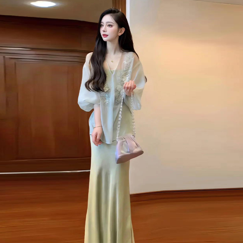 国风新中式套装漂亮独特绝美禅意绿色提花上衣吊带连衣裙两件套裙