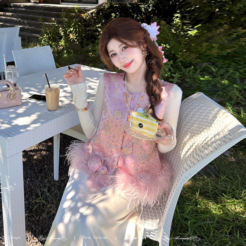 新中式国风加厚加棉马甲背心女鸵鸟毛高级感百搭秋冬加厚无袖马夹