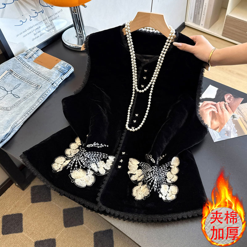 新中式国风马甲丝绒加厚坎肩马甲背心秋冬夹棉马夹重工刺绣女上衣