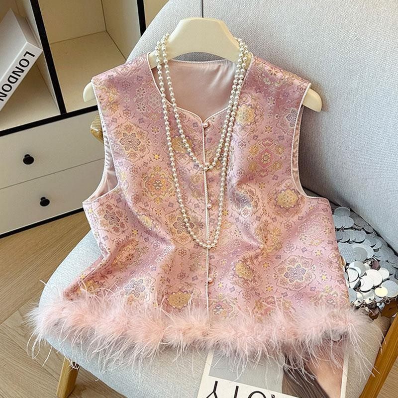 新中式国风冬季粉色鸵鸟毛加厚棉马甲女装高级感轻奢百搭马夹背心,女装/女士精品,马夹,淘宝优惠券,粉丝福利购,淘宝优惠卷