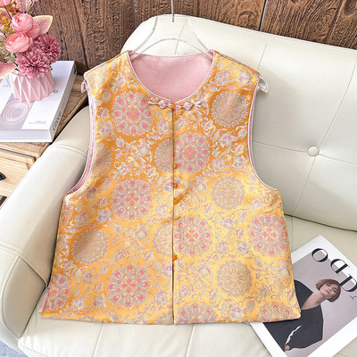 春秋新中式国风宝相花宋锦马甲上衣女双面穿轻奢减龄圆领百搭马夹